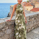 Vanessa - Šaty Midi s Nařaseným Pasem a Abstraktním Potiskem